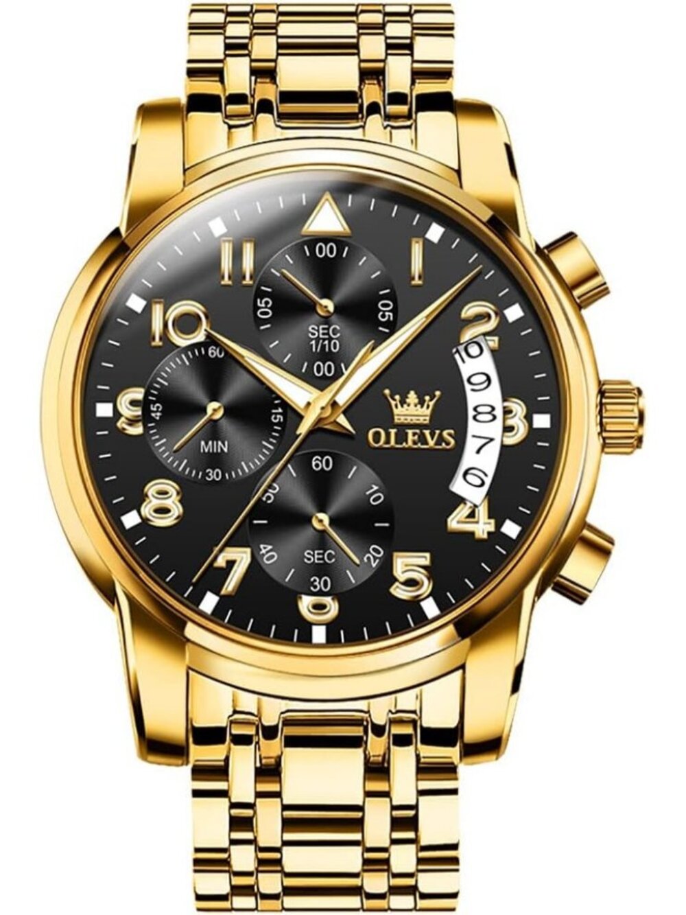 Men's Black Face/Gold Band Stainless Steel Chronograph Waterproof Dress Watch